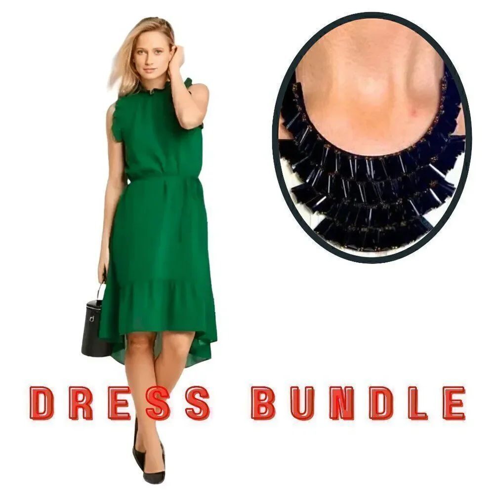 Kelly Green Polka Dot Ruffle High-Low Midi Dress + Necklace Bundle
